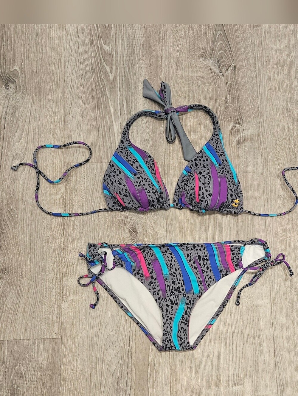 Y2K Billabong Gray Leopard Print Multicolor Striped Reversible Bikini Women’s XL